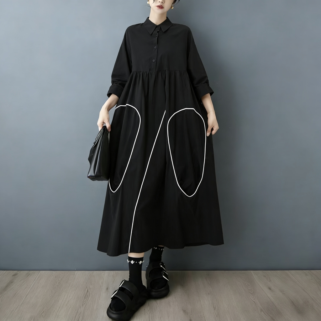 Korean Style A Line Shirt Dress - SuperAen Spring and Autumn New Black