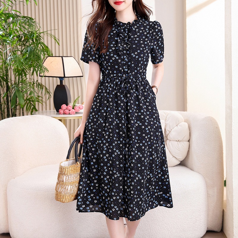 French Vintage Floral Midi Dress - Vintage Navy Blue Floral Print Midi