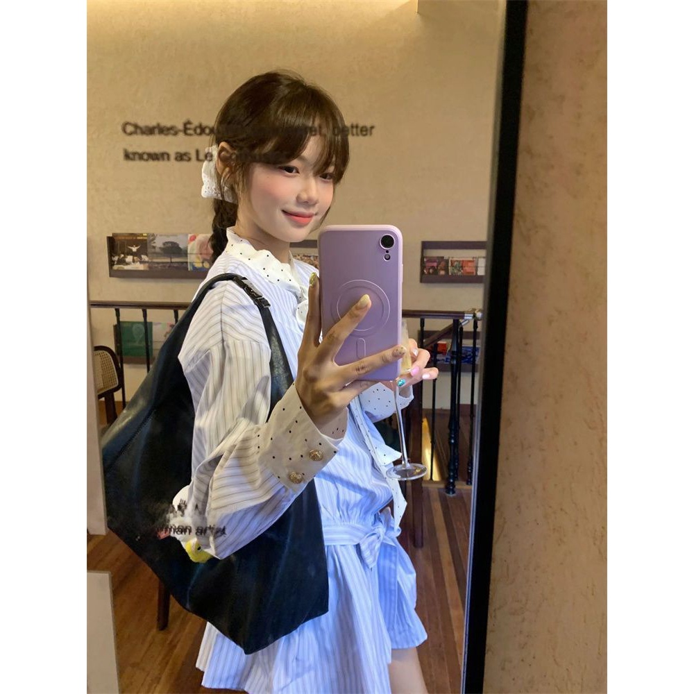 Korean Sweet School Style Stri - Korean Style A Line Shirt Dress 评论和价格