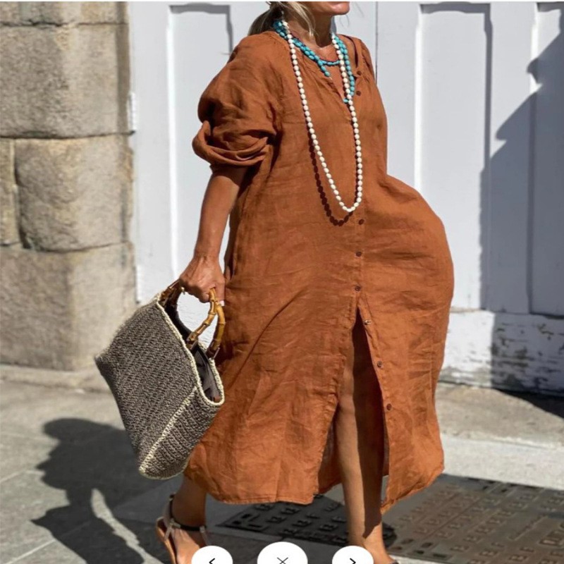 Fashion Elegant Spring Cotton  - Casual Loose Linen Shirt Dress 评论和价格