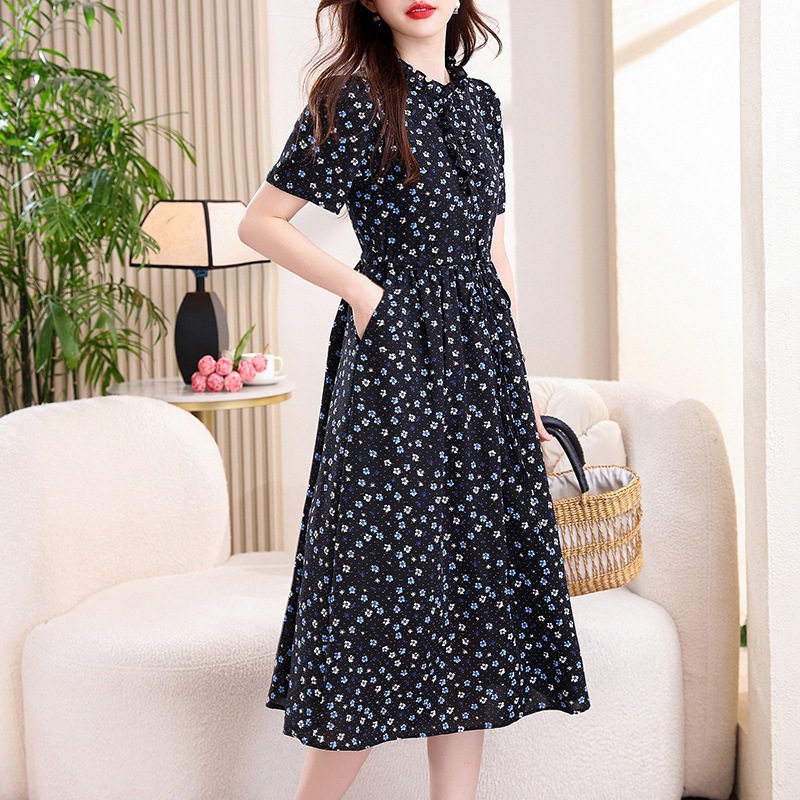 Vintage Navy Blue Floral Print - French Vintage Floral Midi Dress 评论和价格