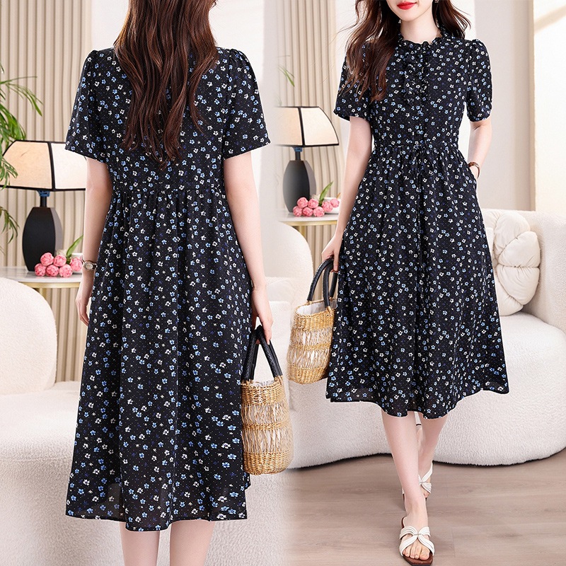 Vintage Navy Blue Floral Print - French Vintage Floral Midi Dress 评论和价格