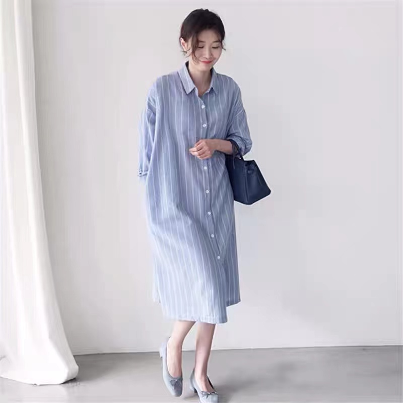 Blue Striped Shirt Dress Women - Korean Style A Line Shirt Dress 评论和价格